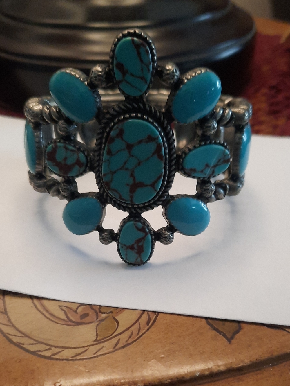 Turquoise Stone Silver-Tone Cuff Bracelet - Turquoise